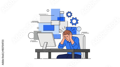 Frustrated Man at Desk with Overwhelming Workload and Mental Overload.