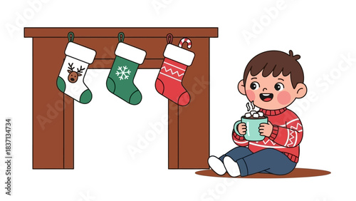 Festive Boy with Cocoa by Fireplace and Christmas Stockings.