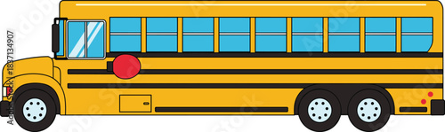 Side view illustration of traditional yellow school bus with stop sign, blue windows, and black stripes for educational design use.