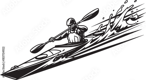 Black and white illustration of a kayaker paddling through waves Keywords: kayaking, kayaker