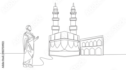 Continuous one-line drawing of a Muslim with his Ihram dress prays to God with his hands raised in front of the Kaaba. Hajj and umrah concept. Single-line draw design vector graphic illustration. 