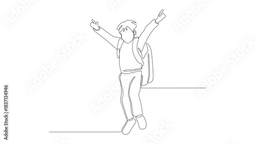 Single continuous line drawing of a Happy schoolboy is happy about end of school year. boy with school bag and jump. End of school. Education concept one-line draw design graphic vector illustration. 