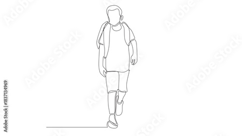 Single continuous line drawing of a school boy walking with a bag to his home. End of school. Education concept one-line draw design graphic vector illustration