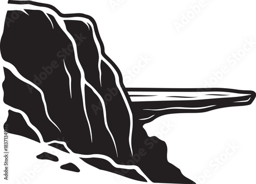 Black and white illustration of a rocky cliff overhang