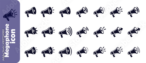Set of black megaphone icons with sound waves and arrows, communication and announcement symbols vector