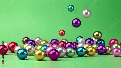 Colorful Spheres Falling on Green Background for Playful Design, Marketing, and Celebration Visuals
