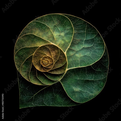 Golden ratio Fibonacci spiral made of green leaves against a stark black background leaf nature