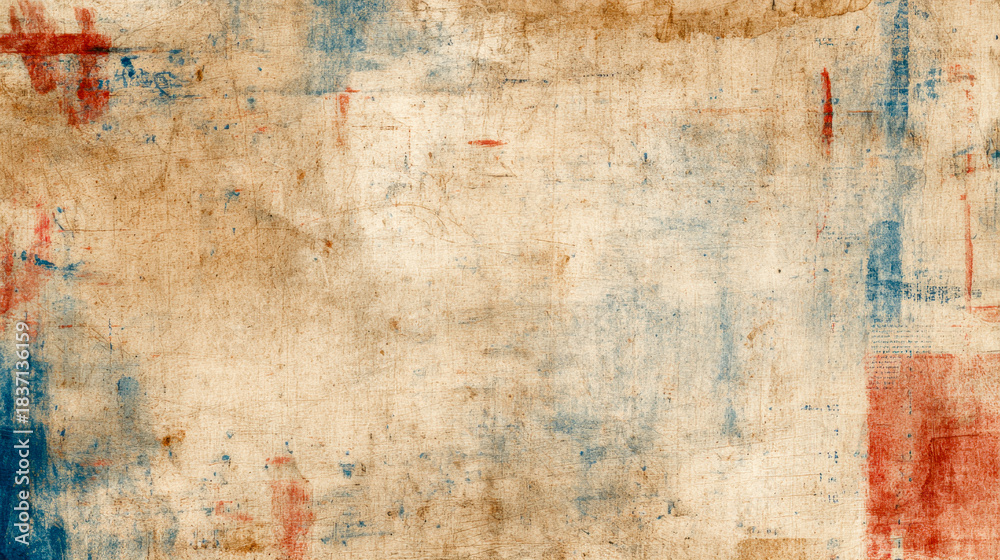 Obraz premium Vintage textured background with faded red and blue paint stains on aged beige surface creating rustic distressed abstract artistic effect