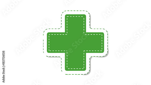 Green Medical Cross Symbol With Stitched Outline And Shadow On Black Background Representing Healthcare And First Aid