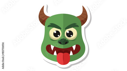 Green Monster Face with Horns and Tongue Sticking Out A Spooky Creature Illustration with Big Eyes and Sharp Teeth