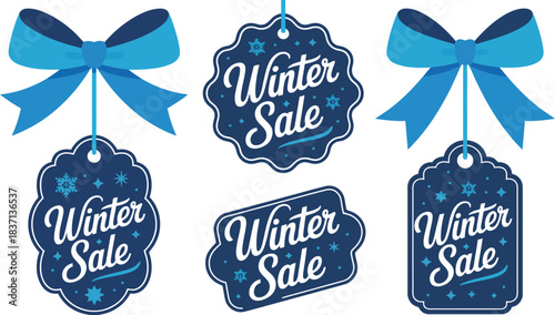 Winter Sale Tags with Blue Bows and Snowflakes