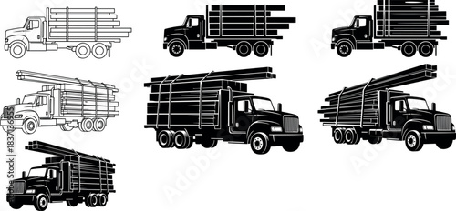 Truck loaded with wooden planks, black and white illustration set, construction transport, line art and silhouette, industrial vehicle design