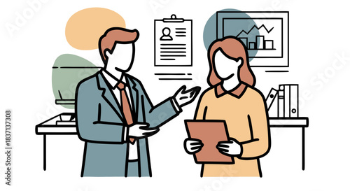 HR Manager Discussing Report with Female Staff Standing Vector