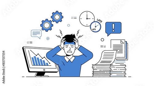 Stressed Businessman Overwhelmed by Workload and Deadlines.