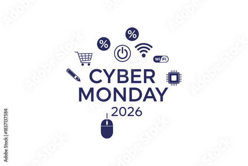 Cyber monday 2026 sales event banner with online shopping and tech icons