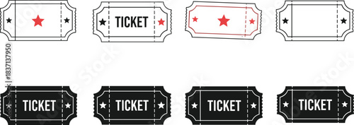 Ticket icons, event admission, raffle design, vintage ticket, star symbol, black and white, red accent, perforated edge, graphic template, entertainment pass