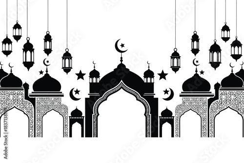 Elegant black and white silhouette of mosque domes and arches with hanging lanterns and islamic symbols