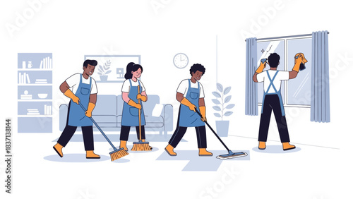 Team of professional cleaners working together to clean a house.