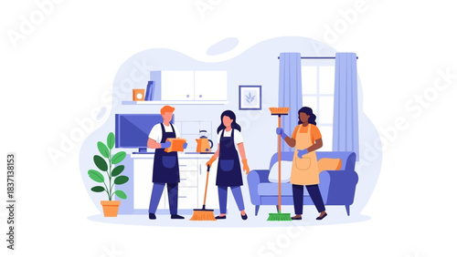 Team of Cleaning Professionals Working Together in a Home.