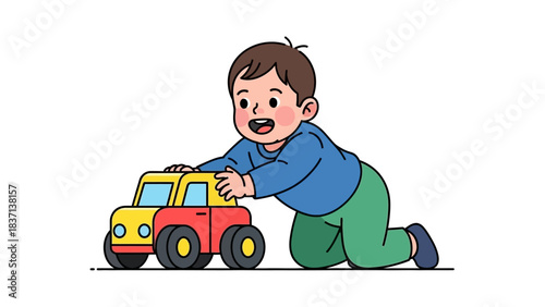 Toddler playing with a toy car, focused and happy.