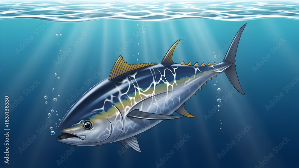 Fototapeta premium Swimming Blue Fish Under Clear Ocean Water with Sunlight Beams