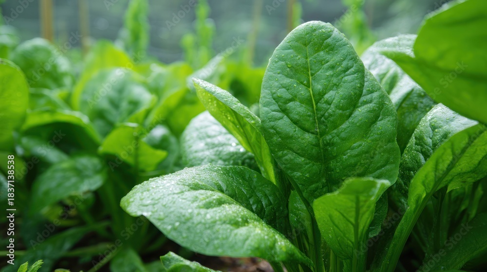 Obraz premium Fresh spinach leaves with water droplets