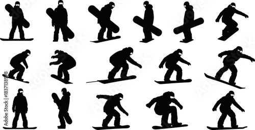 Snowboarder silhouette illustration in dynamic poses, black and white vector, winter sport movement, snowboarding techniques, helmeted athlete action sequence
