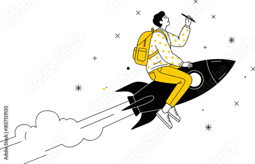 Rocket creativity illustration, space exploration, imagination and innovation, stylized character, black white yellow design, vector concept, adventure and learning