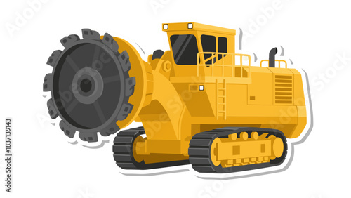 Heavy yellow tracked excavation machine with large rotating cutting wheel for construction mining and industrial use on a black background vector illustration