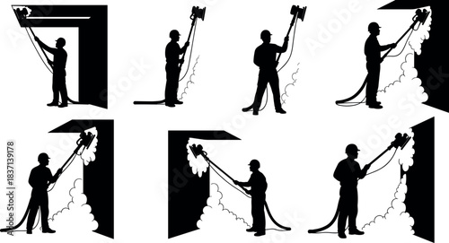 Spray foam insulation worker silhouette set, cartoon person applying fireproofing material illustration, construction safety concept, vector industrial scene, black and white graphic