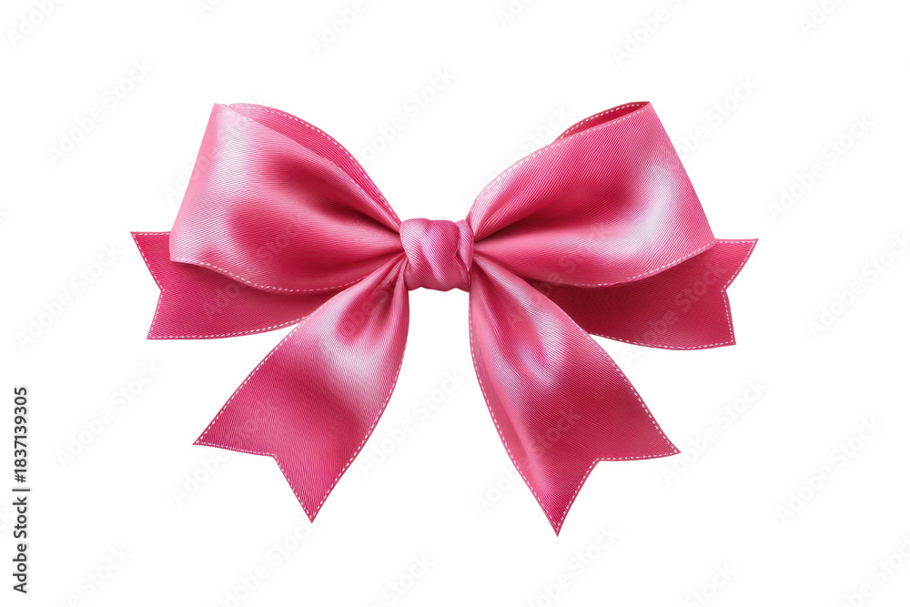 Fototapeta premium Bright pink satin bow with white stitching on black background ribbon silk, Isolated On White Background, Png Transparent