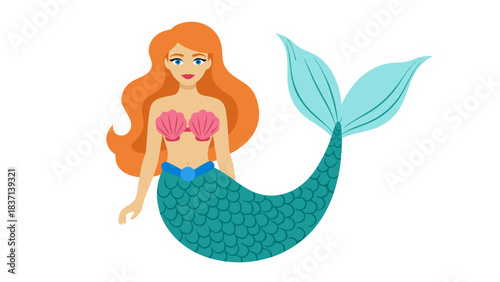 Illustration of a mermaid with long flowing orange hair and a teal tail adorned with pink seashell bra and blue belt against a transparent background
