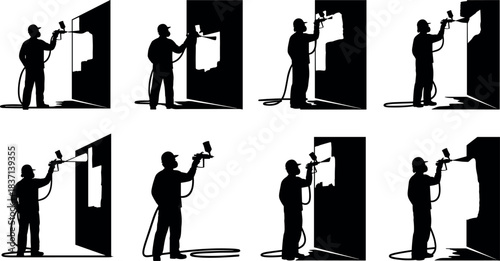 Spray painting worker silhouette set, cartoon person with spray gun illustration, wall painting process concept, vector construction scene, black and white graphic