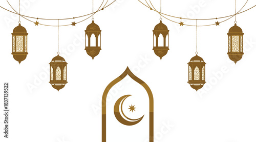 Islamic lantern decoration, crescent moon arch, Ramadan celebration design, Eid festive ornament, golden mosque motif, cultural religious illustration