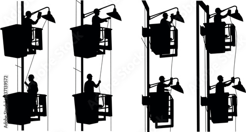Streetlight maintenance worker silhouette set, cartoon person in bucket lift illustration, vector installation and repair concept, black and white graphic, utility service scene