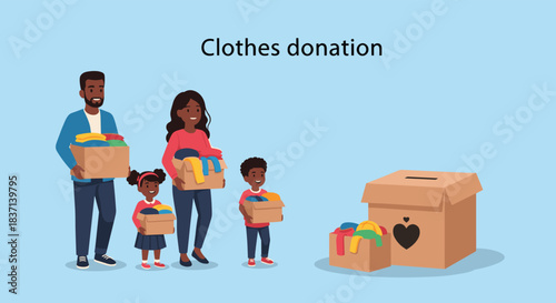 Caring African American family with children donating clothes in cardboard boxes to a charity donation box, promoting social help.
