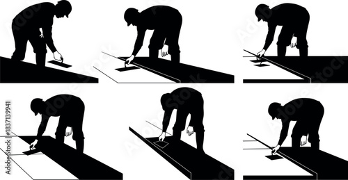 Surface finishing worker silhouette set, cartoon person using trowel illustration, construction smoothing process concept, vector manual labor scene, black and white graphic