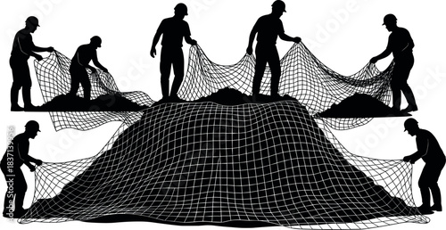 Teamwork with net silhouette set, cartoon workers spreading mesh over mound illustration, construction or environmental concept, vector coordination scene, black and white graphic