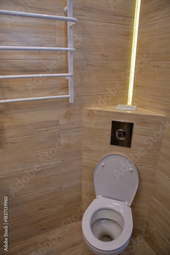 Modern bathroom interior with wood tile and heated towel rack.