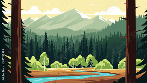 Beautiful Vector Illustration of a Serene Mountain Landscape with a Winding River, Lush Evergreen Forests, and Majestic Peaks Under a Clear Sky