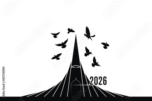 Minimalist black silhouette illustration of national martyrs' memorial with birds flying over it in 2026