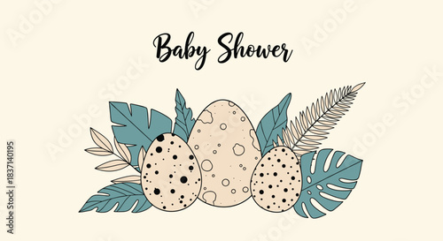 Elegant baby shower invitation template with spotted dinosaur eggs nestled among tropical leaves like monstera and fern on a beige background.