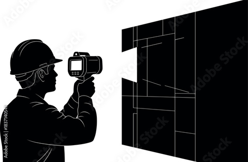 Thermal imaging inspection silhouette, cartoon worker with infrared camera illustration, vector construction analysis and maintenance concept, black and white graphic, safety gear icon