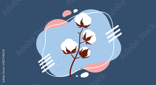 A delicate cotton plant branch illustrated on a modern abstract background with blue and pink fluid shapes and white dashed lines.