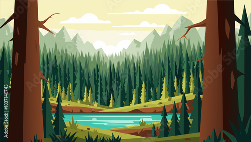 Vast Pine Forest with Serene Lake and Distant Mountains under a Cloudy Sky