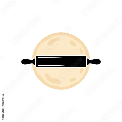Black rolling pin across a round of dough, symbolizing baking and food preparation