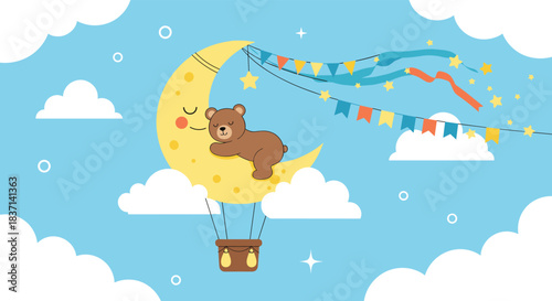 Whimsical illustration of a cute teddy bear sleeping on a smiling crescent moon hot air balloon, with festive banners in the sky.