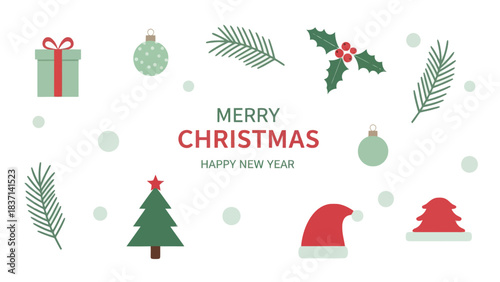 Festive holiday greeting card design featuring Christmas symbols and cheerful