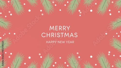 Festive Christmas and New Year Greeting Card with Green Pine Branches and Snow