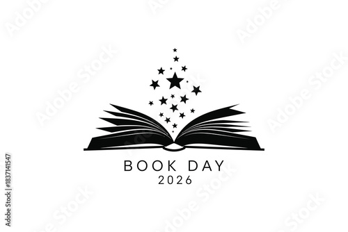 Open book with stars and book day 2026 text